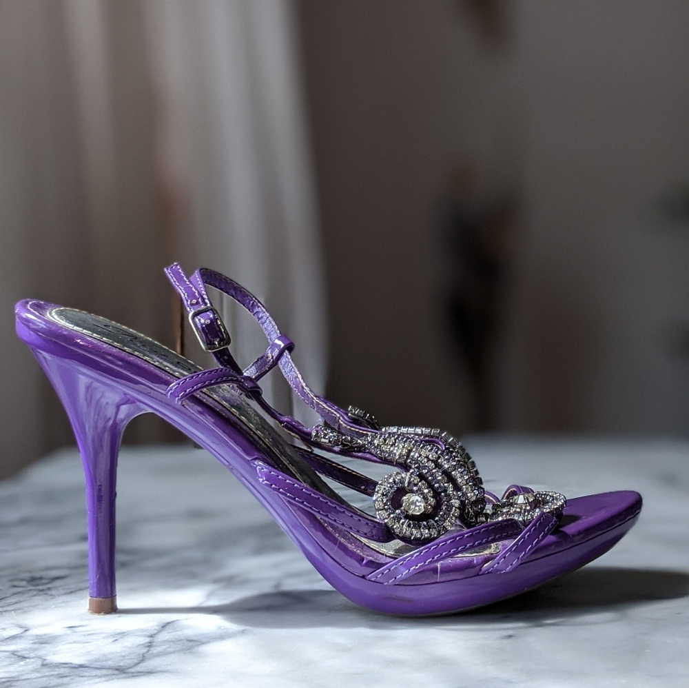 purple patent leather crystal strappy heels